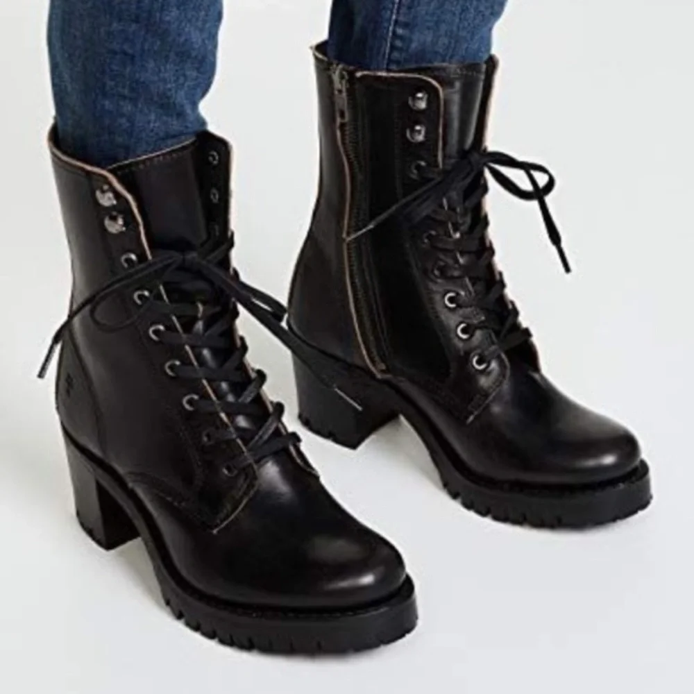 $528 Frye Sabrina Moto Brown Lace Up Leather Chunky Lug Heel Combat Ankle Bootie - Picture 6 of 16